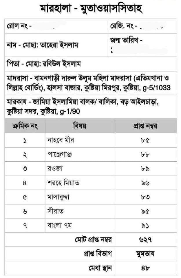 ইন্টারনেট মাদ্রাসার ছাত্রী মোছাঃ তাহেরা ইসলাম এর বেফাক পরীক্ষার রেজাল্ট